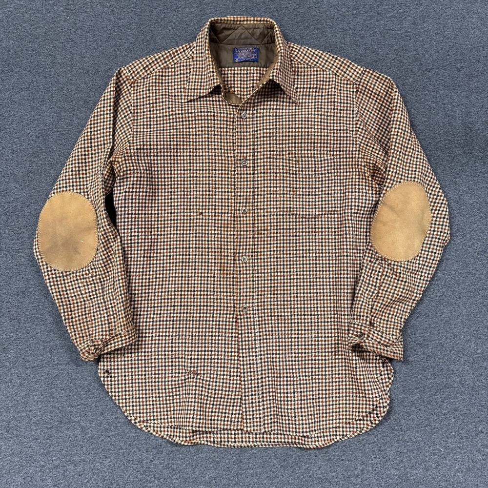 Vintage Pendleton Wool Shirt Mens L Brown Good Houndstooth Elbow Patch USA